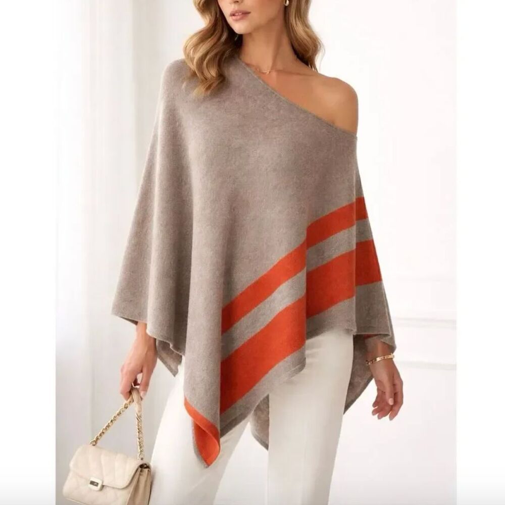 Celeste Wool Poncho Sweater cashmere stripe knit women Tan one size contemporary